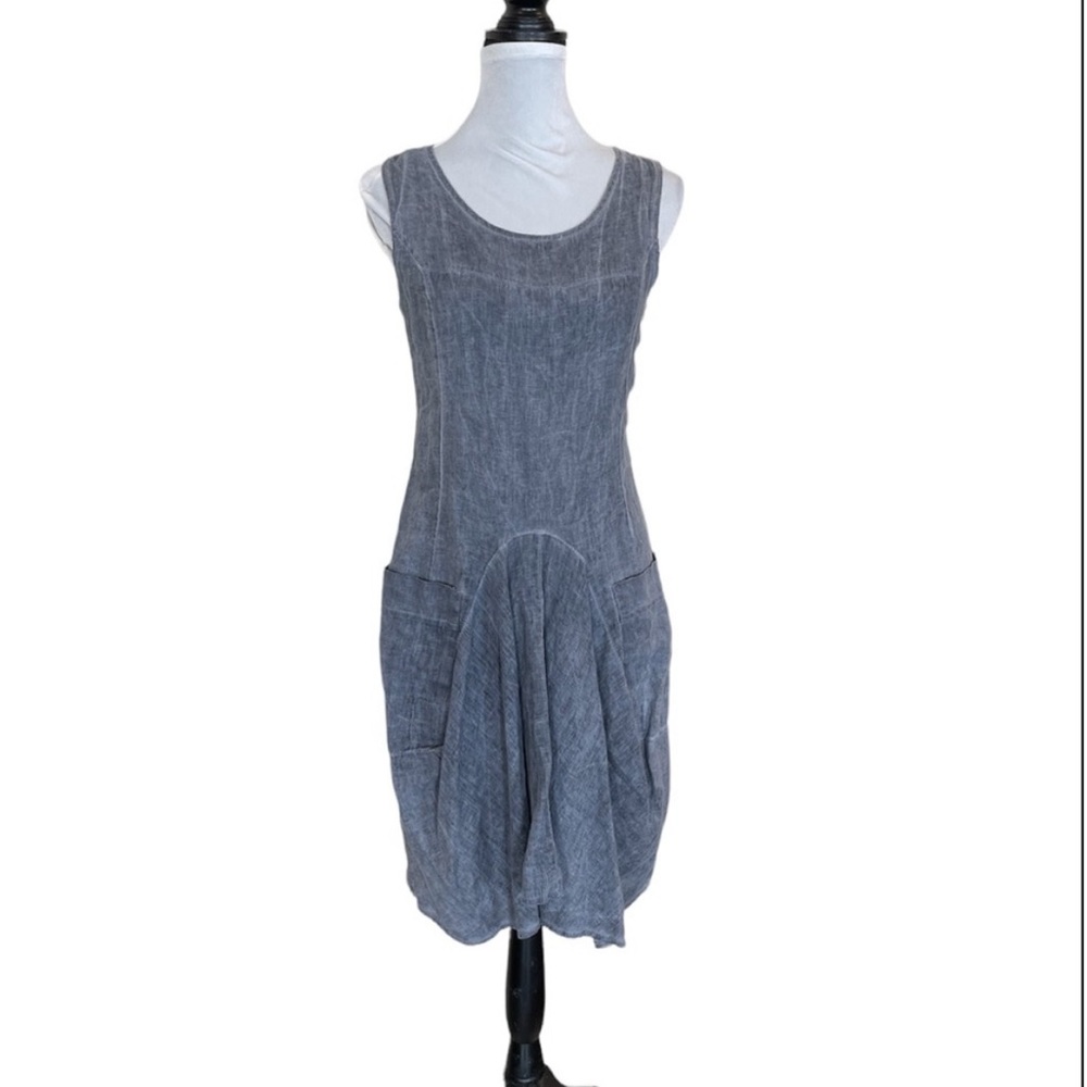 Lina Tomei 100% linen sleeveless blue grey pullover minimalist dress size small